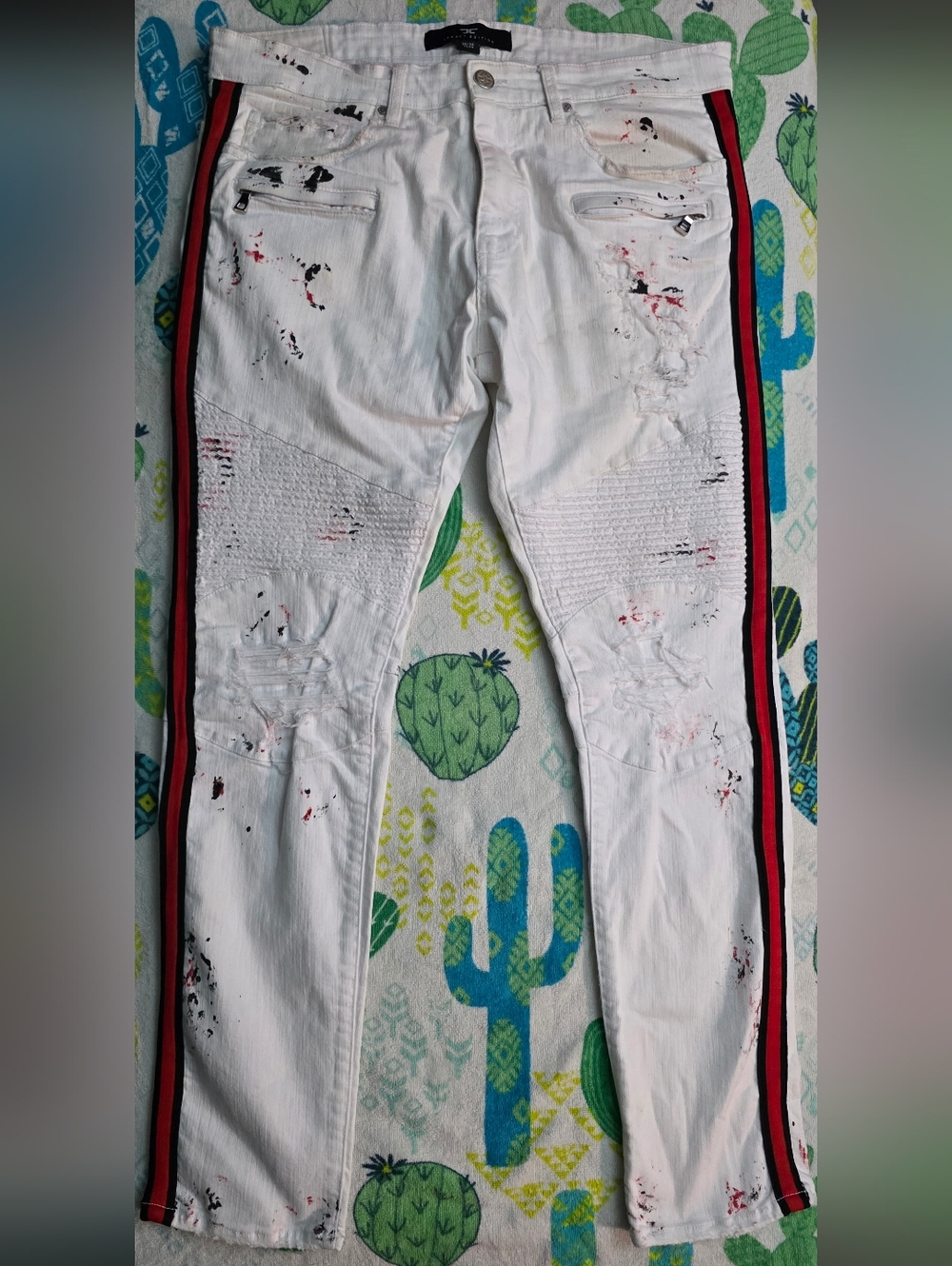 Jordan Craig Legacy Edition 36x32 White Moto Biker Denim Jeans Paint Splatter